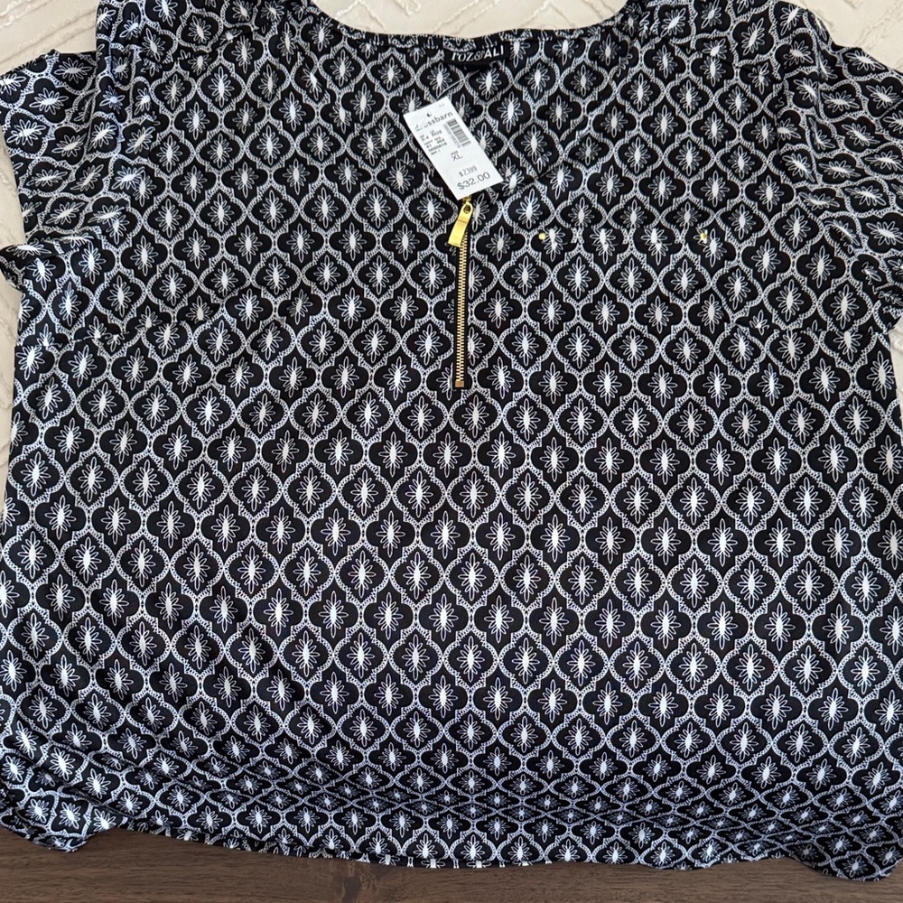 Talbots Navy and White Geometric Blouse